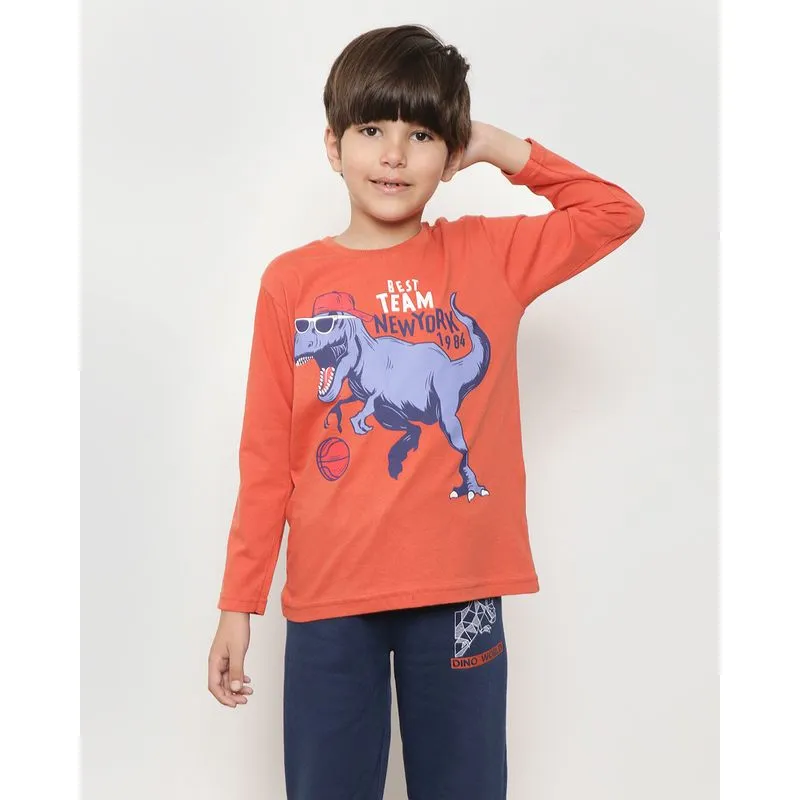 Camiseta Infantil Manga Longa Estampa Dinossauro Laranja 8