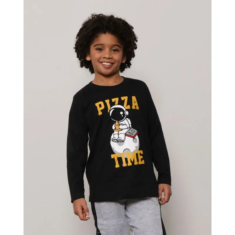 Camiseta Infantil Manga Longa Estampa Pizza Time Preta 6
