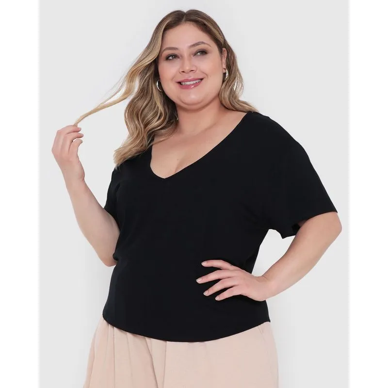 Blusa Plus Size Feminina Decote V Preta G3