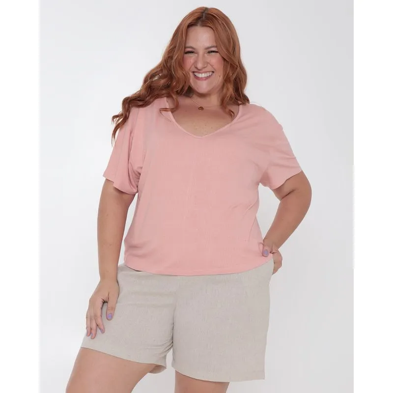 Blusa Plus Size Feminina Decote V Rosa G3