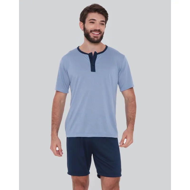 Pijama Masculino Curto Botões Azul M