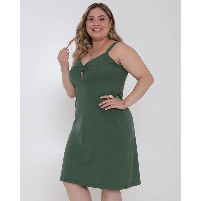 Vestido Feminino Plus Size Canelado Decote Transpassado Verde G1