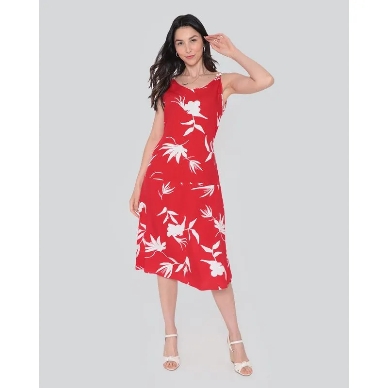 Vestido Feminino Viscose Midi Alcinha Floral Vermelho P
