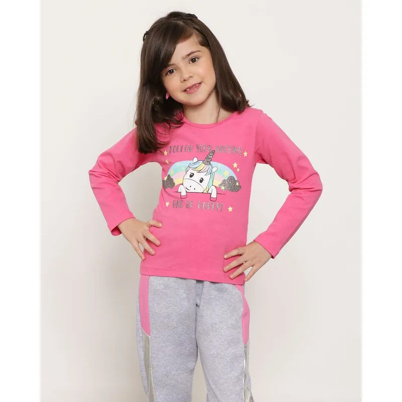 Blusa Infantil Manga Longa Estampa Unicórnio Rosa Escuro 8