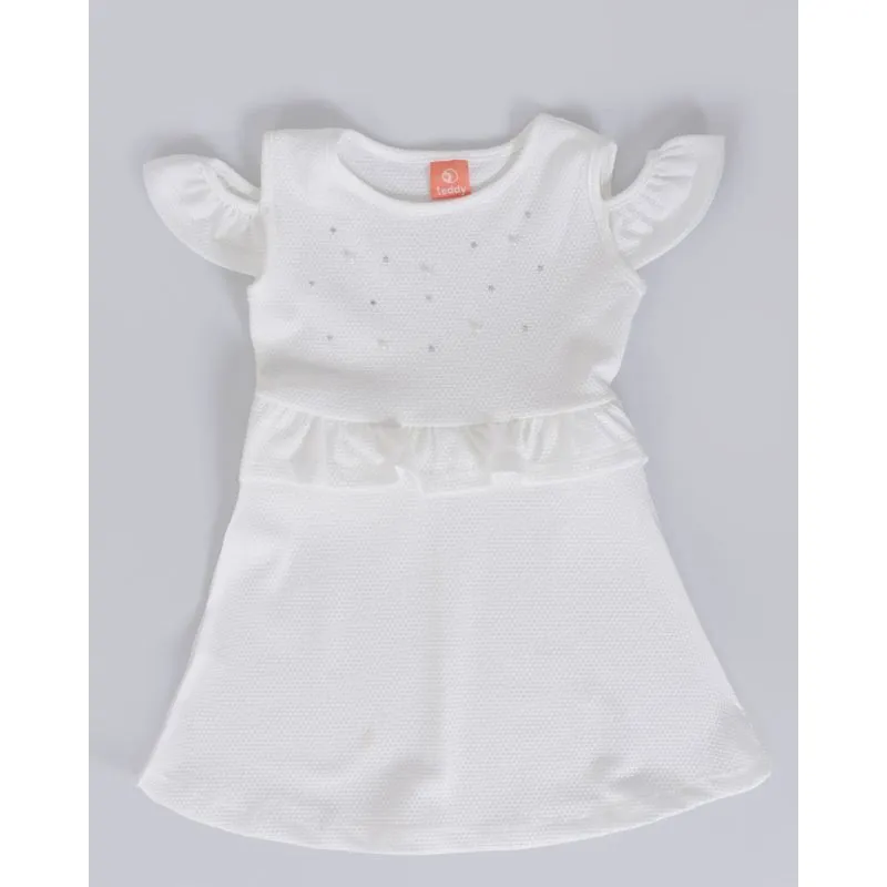 Vestido Bebê Babado Strass Pérolas Off White G