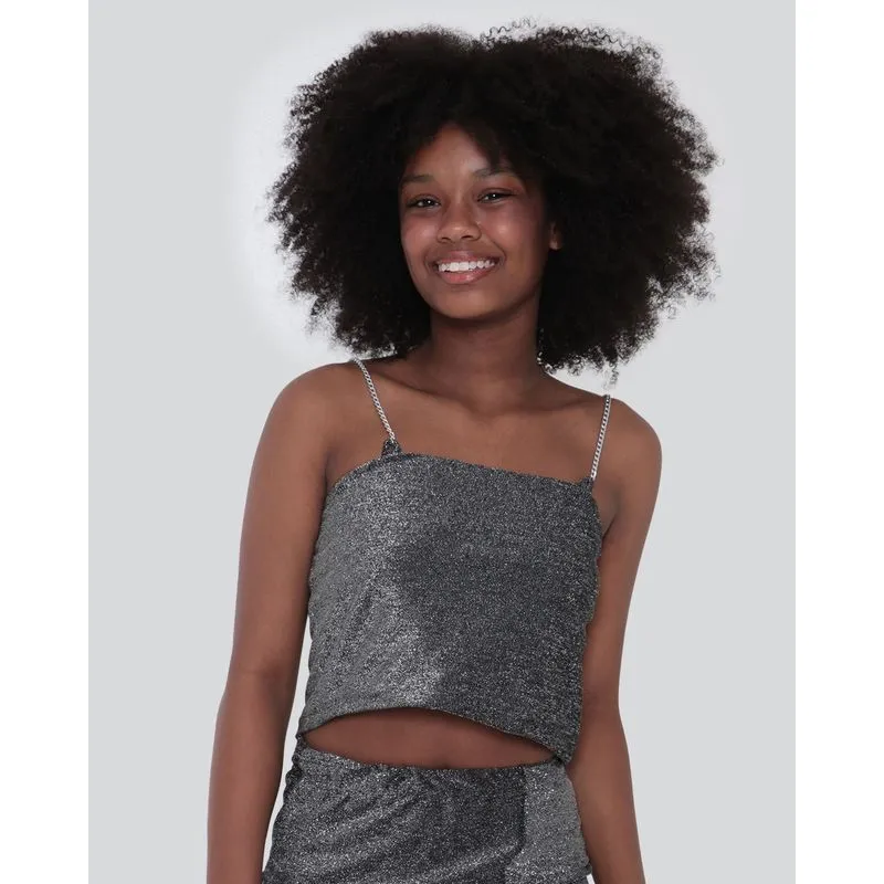 Blusa Juvenil Cropped Lurex Alcinha Corrente Preta 14