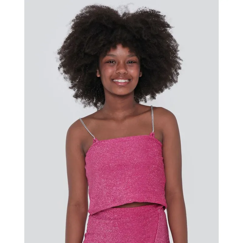 Blusa Juvenil Cropped Lurex Alcinha Corrente Rosa 14
