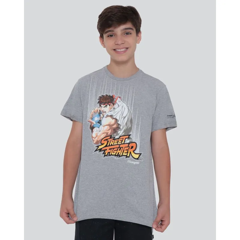 Camiseta Juvenil Gangster Ryu Street Fighter Mescla Cinza 12