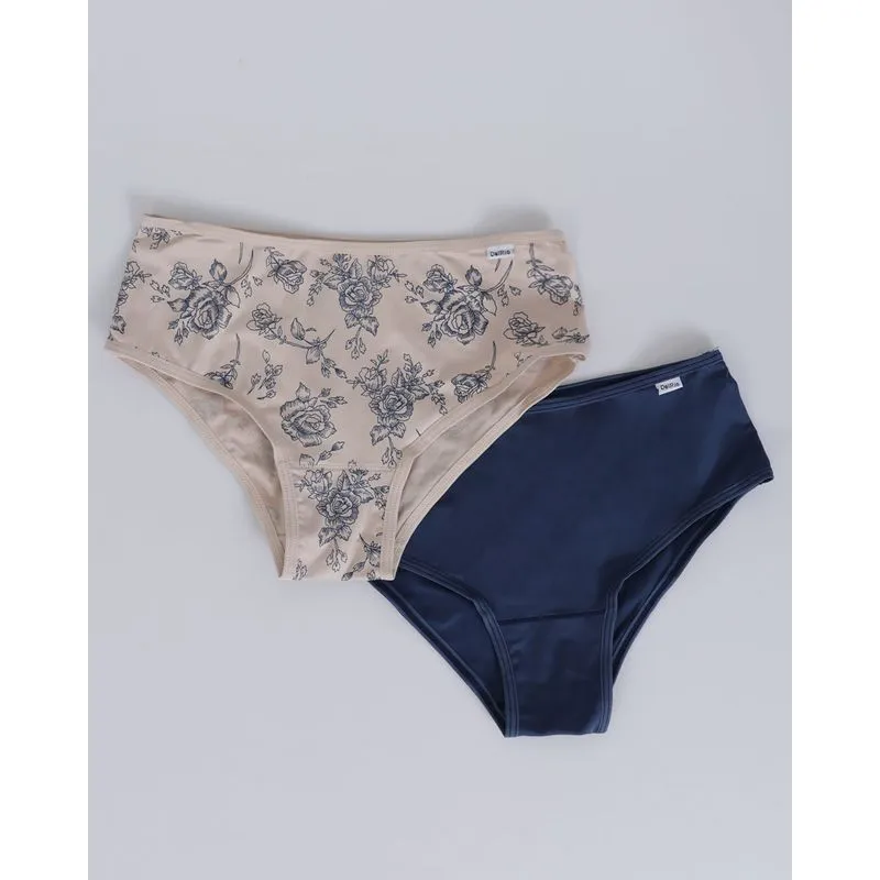 Kit 2 Calcinhas Feminina DelRio Alta Microfibra Floral Marinho G
