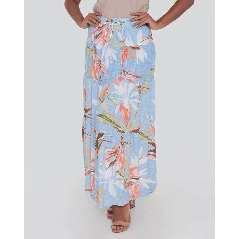 Saia Longa Babados Estampa Floral Azul GG