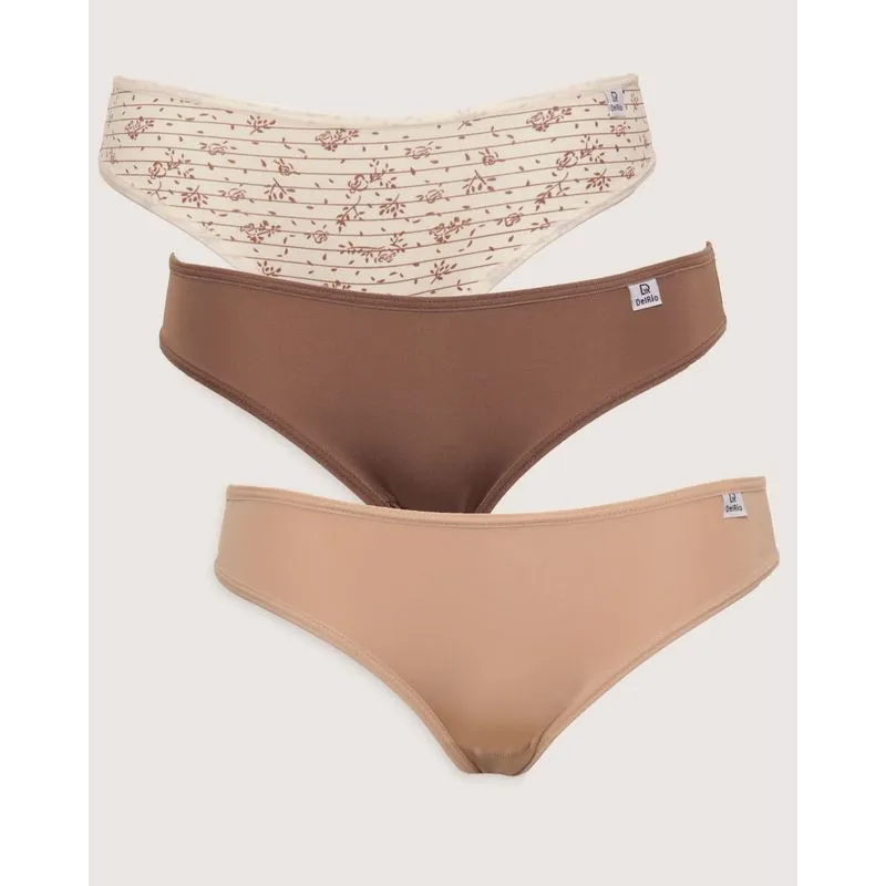 Kit 3 Calcinhas DelRio Biquíni Microfibra DeRio Floral Marrom P
