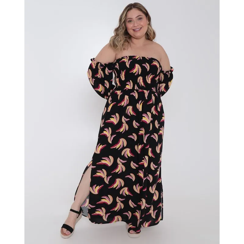 Vestido Feminino Plus Size Banana Ombro a Ombro Preto G2