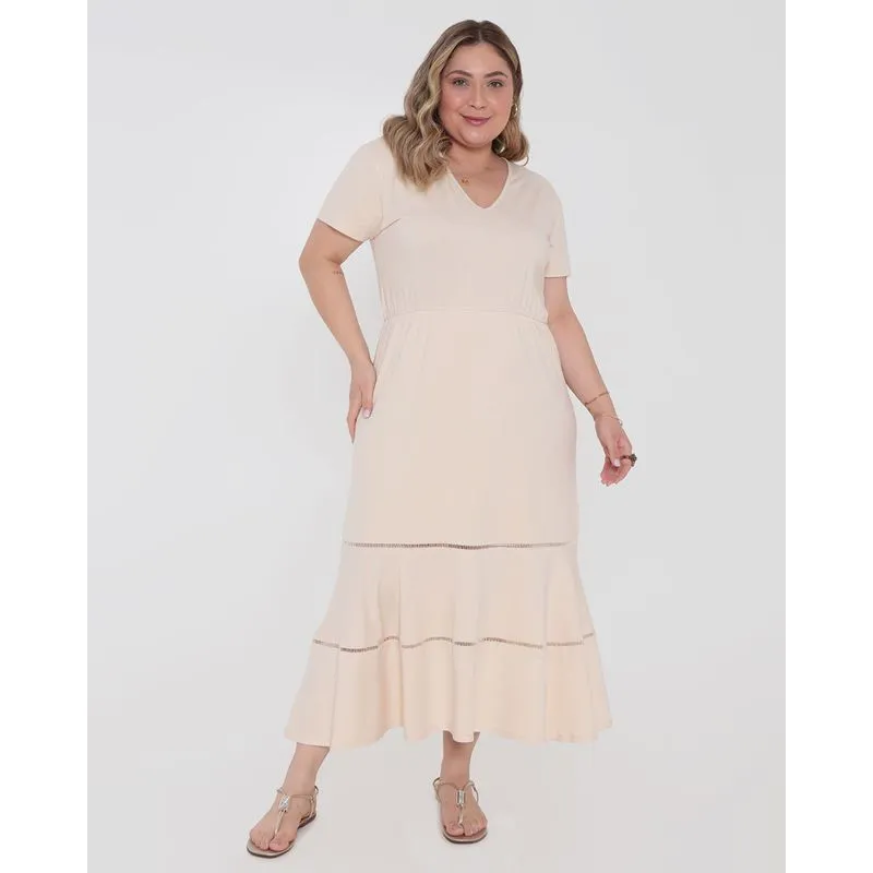 Vestido Feminino Plus Size Midi Bege G3