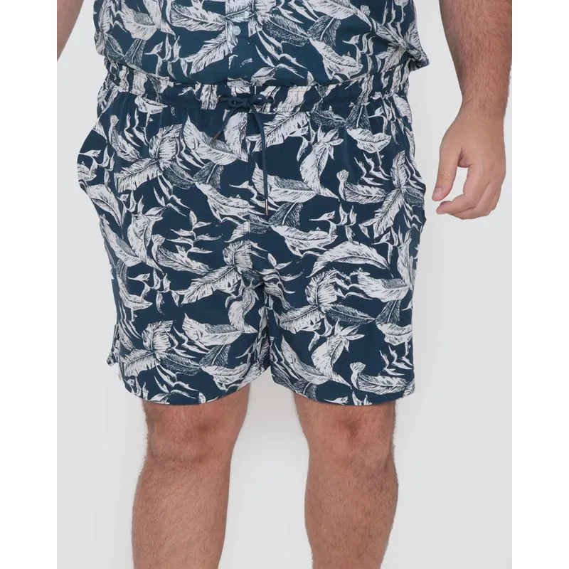 Bermuda Masculina Plus Size Estampa Folhagem Azul G3