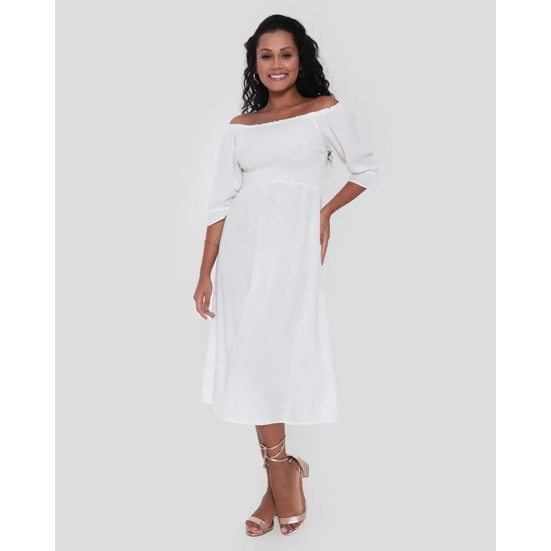 Vestido Midi Decote Quadrado Lastex Off White GG