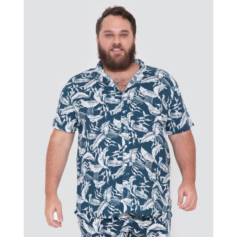 Camisa Masculina Plus Size Estampada Floral Azul G1