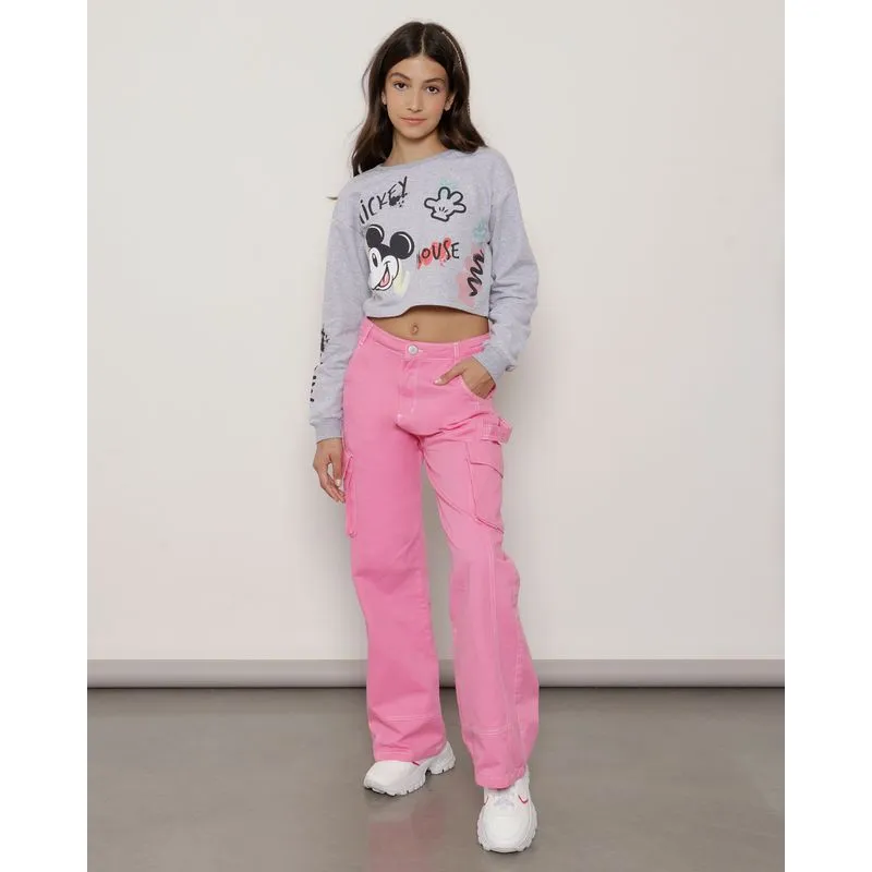 Calça Sarja Juvenil Wide Leg Bolso Cargo Rosa 16