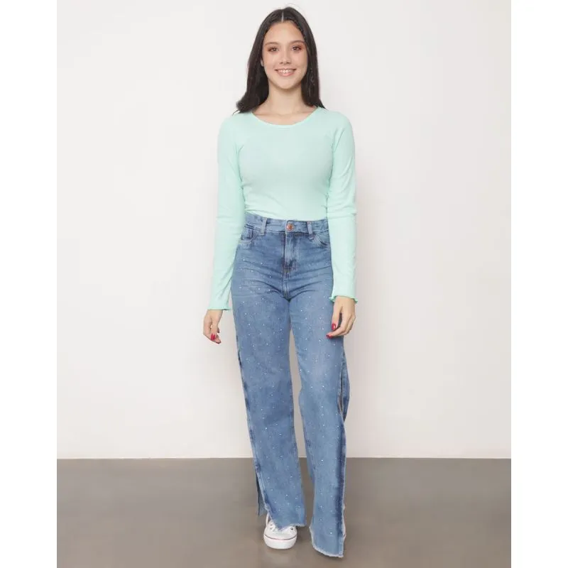 Calça Jeans Juvenil Wide Leg Com Fenda Azul 16