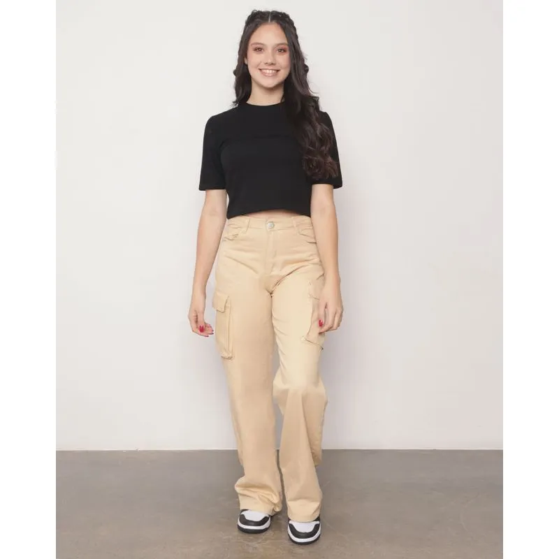 Calça Sarja Juvenil Wide Leg Cargo Bege 16