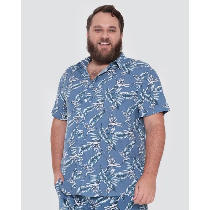 Camisa Masculina Plus Size Estampa Folhagem Azul G3