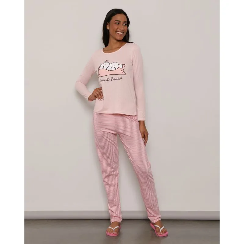 Pijama Feminino Longo Estampa Rosa M