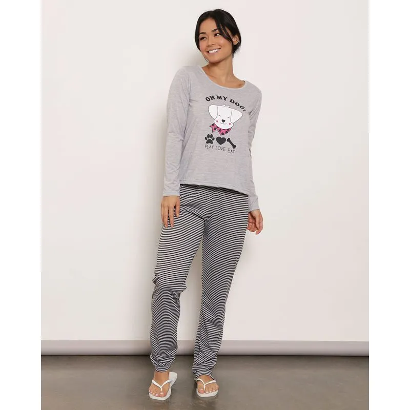 Pijama Feminino Manga Longa Com Estampa Cachorro Cinza M
