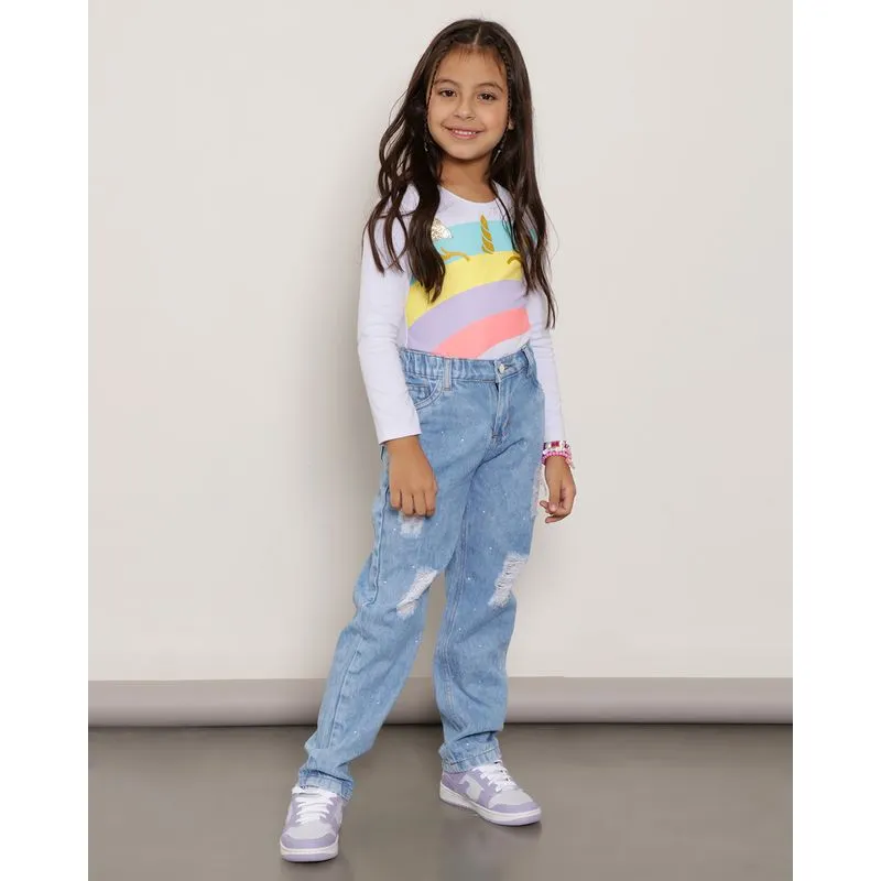 Calça Jeans Infantil Destroyed Com Strass Reta Azul 8