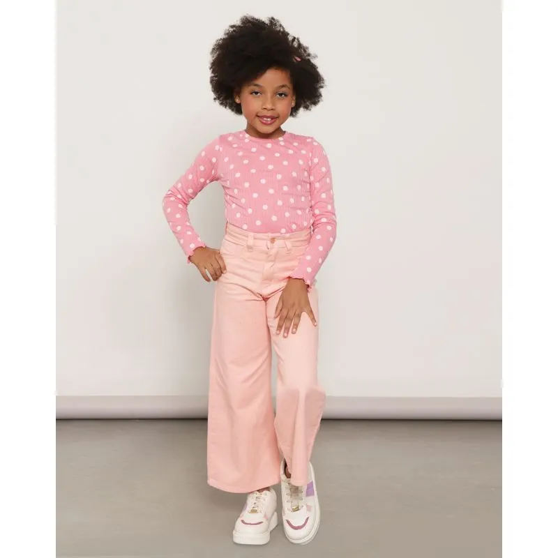 Calça Sarja Infantil Wide Leg Brilho Rosa 4