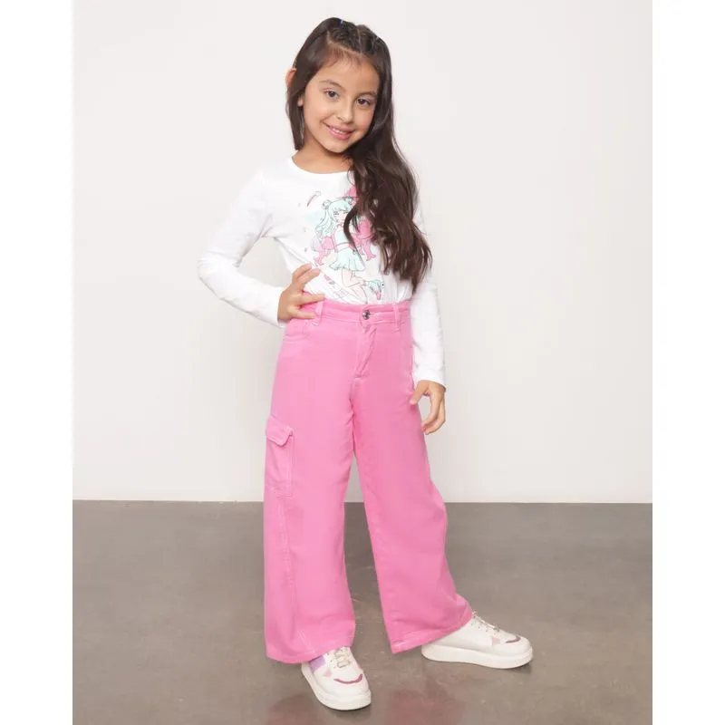 Calça Sarja Infantil Wide Leg Rosa 4