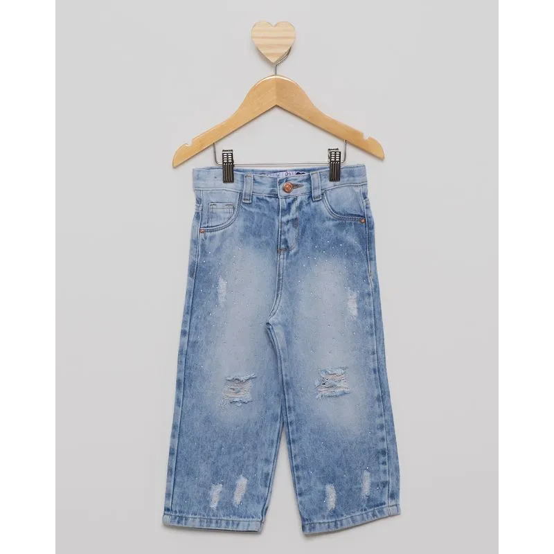 Calça Jeans Bebê Wide Leg Destroyed Com Strass Azul 2