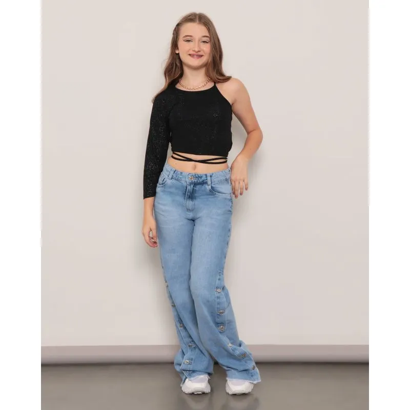 Calça Jeans Juvenil Wide Leg Botões Azul 16