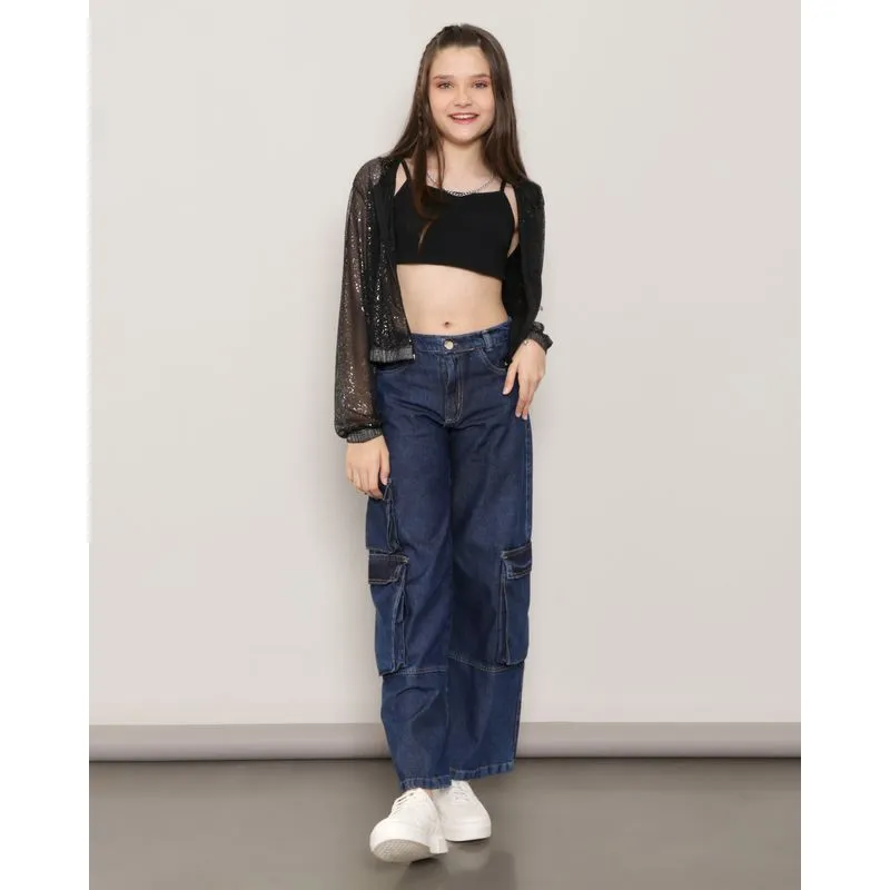 Calça Jeans Juvenil Wide Leg Bolso Cargo Azul 16