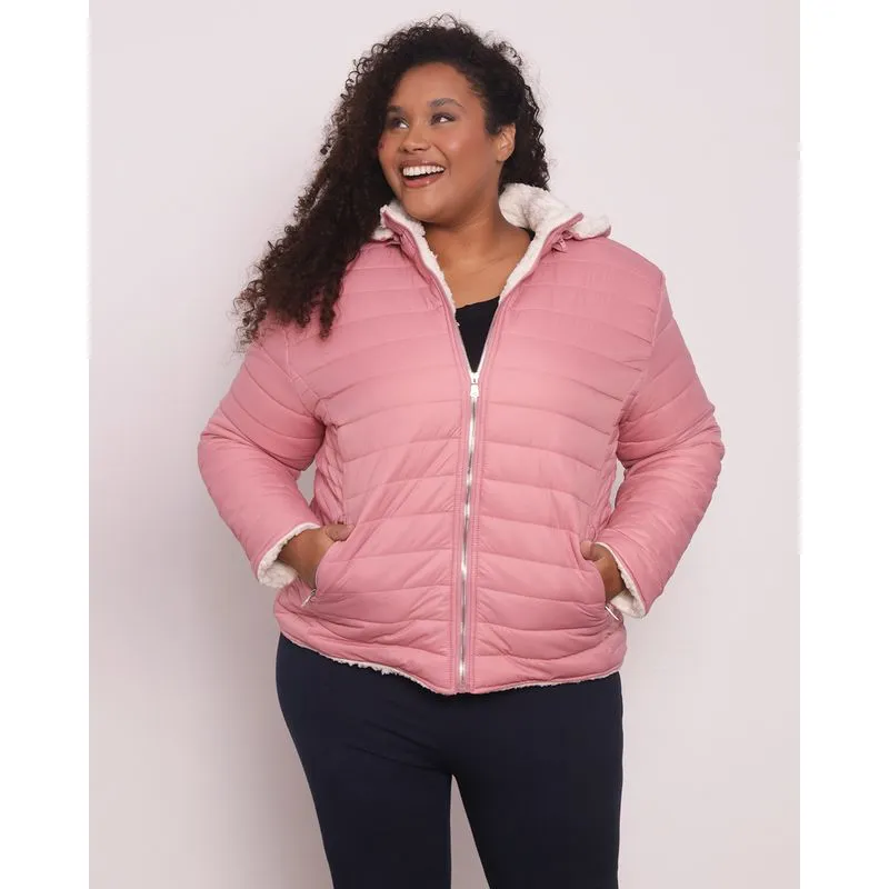 Jaqueta Puffer Feminina Plus Size Forro Sherpa Rosa G2