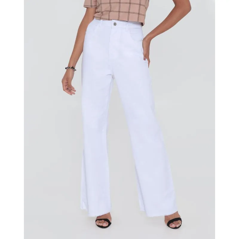Calça Sarja Feminina Vizzy Cintura Alta Wide Leg Branco 42