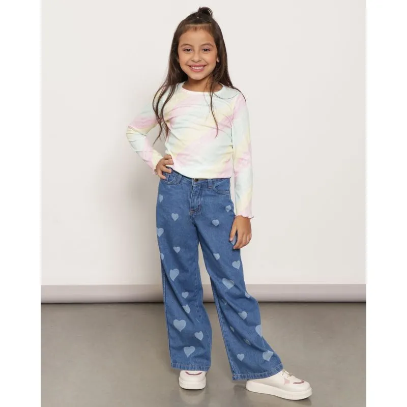 Calça Jeans Infantil Wide Leg Lavagem de Corações Azul 4