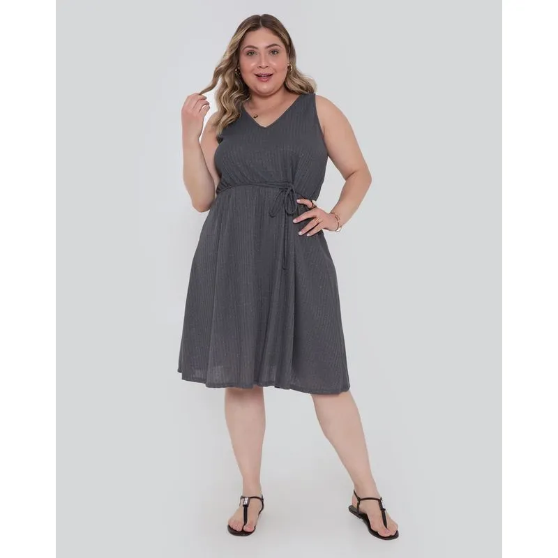 Vestido Feminino Plus Size Regata Brilho Cinza Médio G2