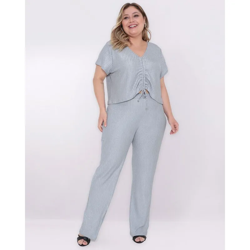 Calça Feminina Plus Size Canelada Lurex Prateado G1