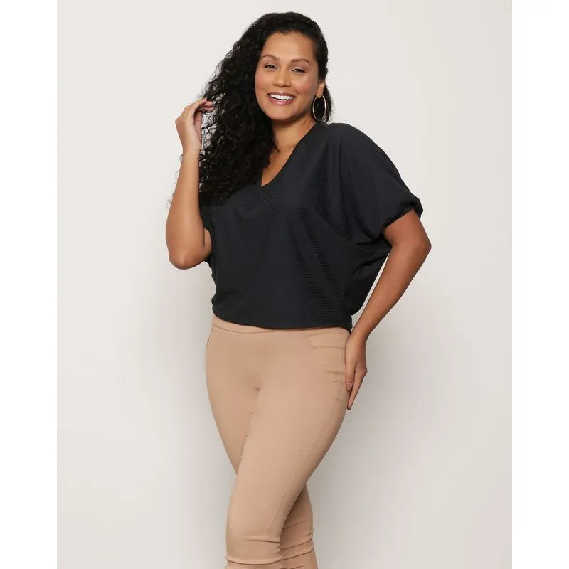 Blusa Feminina Canelada Manga Morcego Preta G