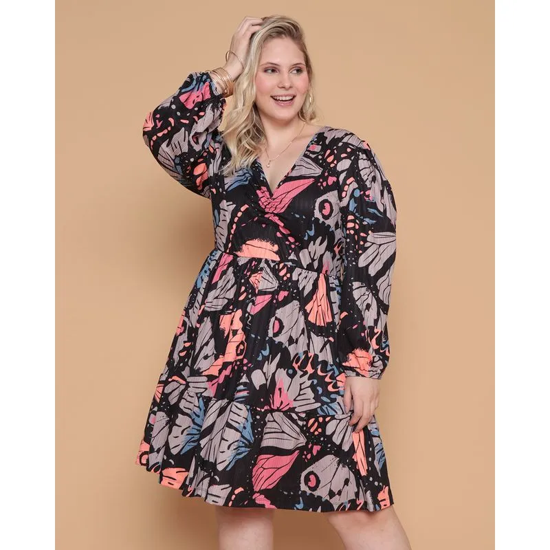 Vestido Feminino Plus Size Estampa Borboleta Canelado Preto G3