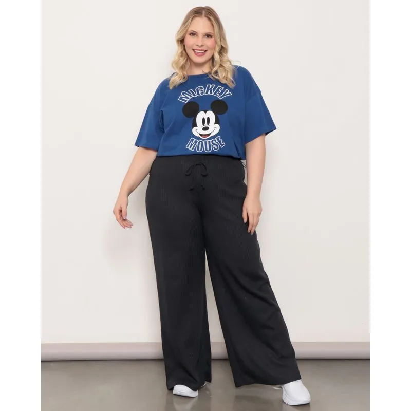 Calça Plus Size Feminina Pantalona Malha Texturizada Preta G3