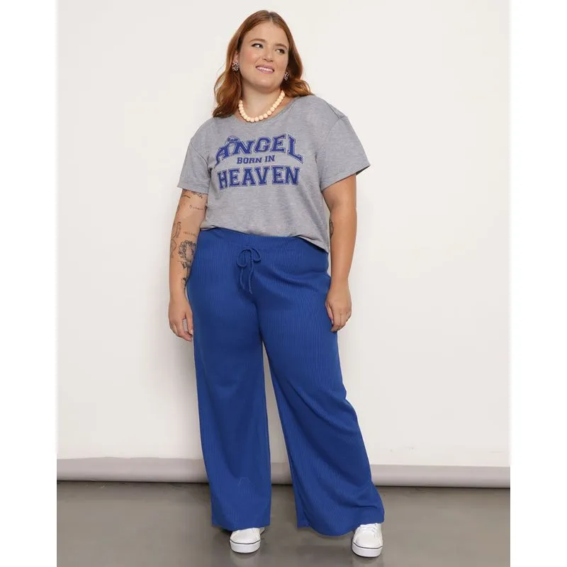 Calça Plus Size Feminina Pantalona Malha Texturizada Azul G1