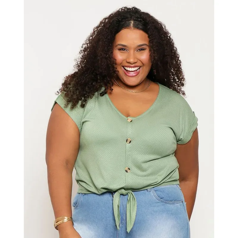Blusa Feminina Plus Size Decote V Com Amarração Verde G1