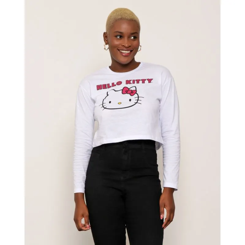 Blusa Cropped Feminina Hello Kitty Manga Longa Branca G
