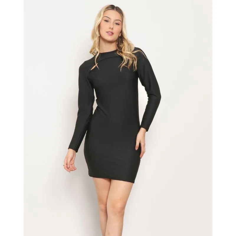 Vestido Feminino Manga Longa Recorte Vazado Texturizado Preto G