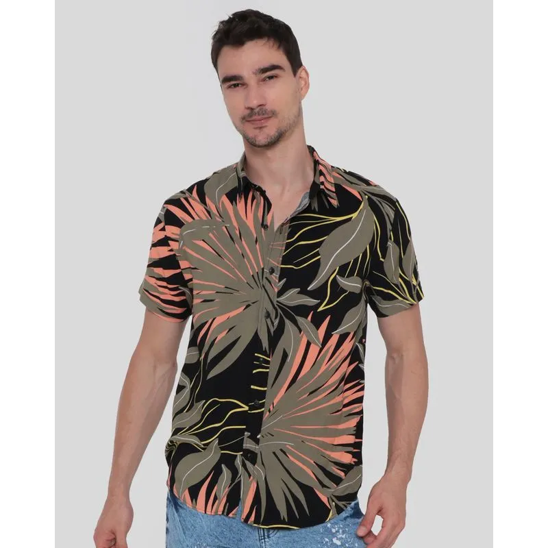 Camisa Masculina Viscose Estampa Folhas Preta P