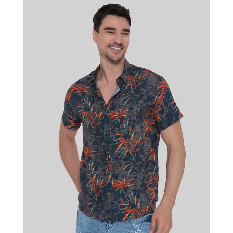 Camisa Masculina Viscose Estampa Folhas Cinza M
