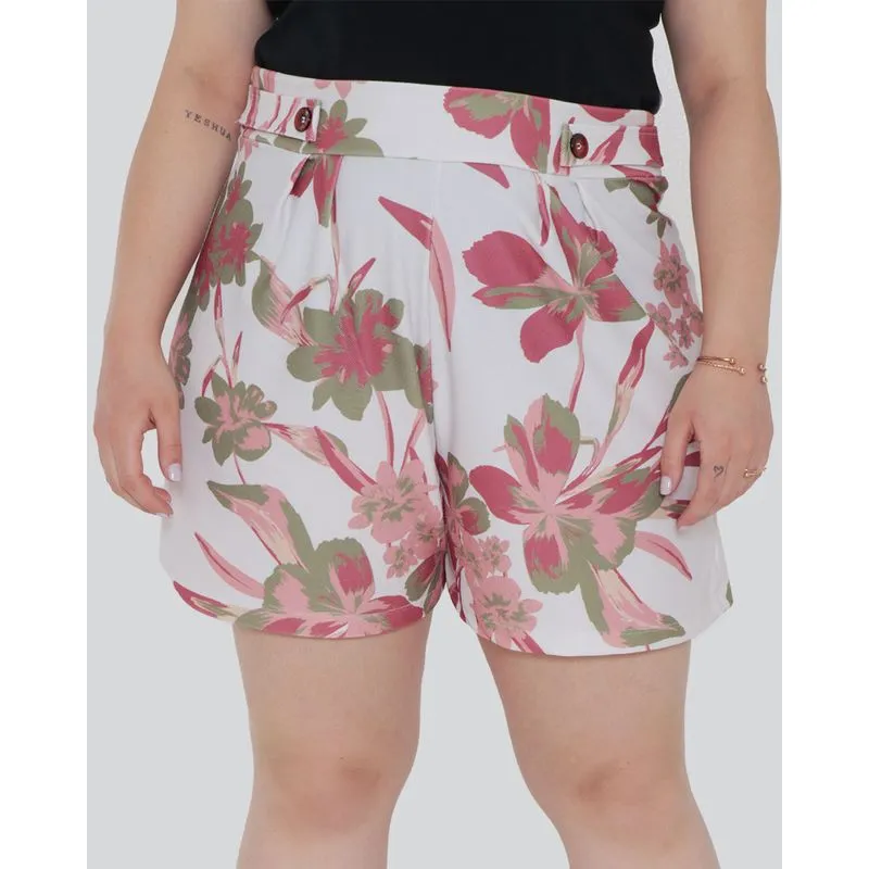 Short Plus size Feminino Floral Off White G1
