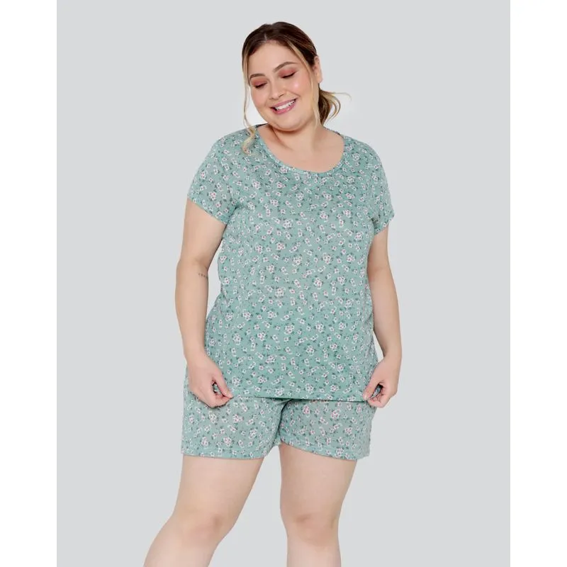 Pijama Feminino Plus Size Floral Verde 52