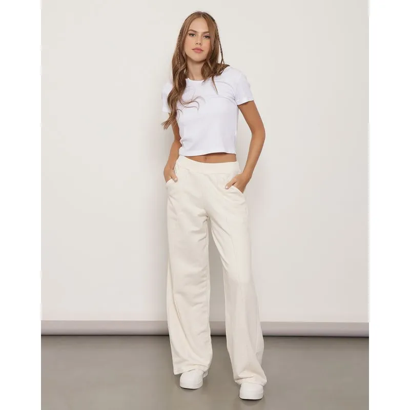 Calça Moletinho Feminina Wide Leg Com Nervura Mescla Bege M