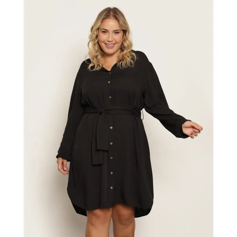 Chemise Plus Size Feminino Longo Viscose Com Botões Preta G3